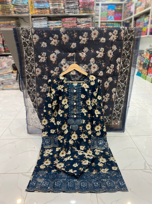 U-703 Swiss Lawn 3 Piece Printed Dresses With Patches Work