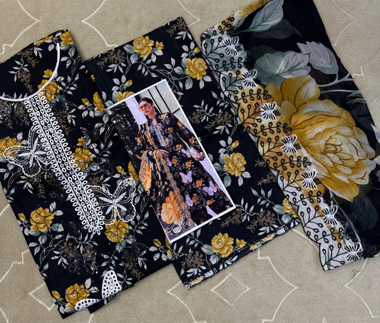 Unstitched Emborided Bin Saeed Cotton with Chiffon Cutwork Dupatta