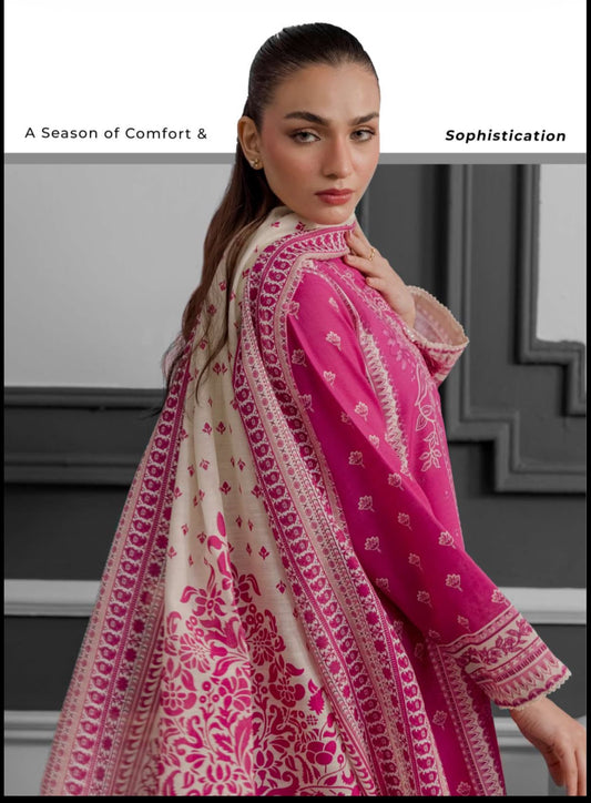 Fuchsia Pink 3-Piece Printed Khaddar Suit