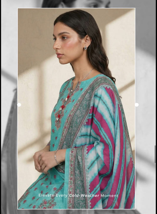 Aqua Blue 3-Piece Printed Cambric Suit