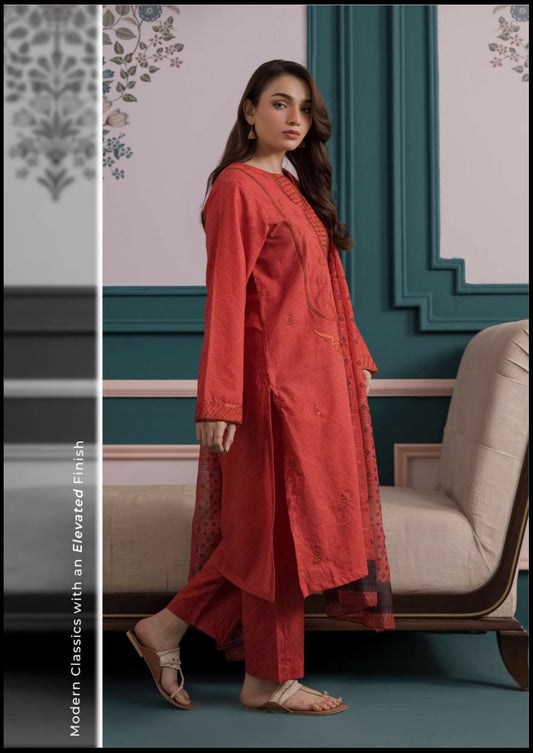 Rust Orange 3-Piece Embroidered Textured Suit