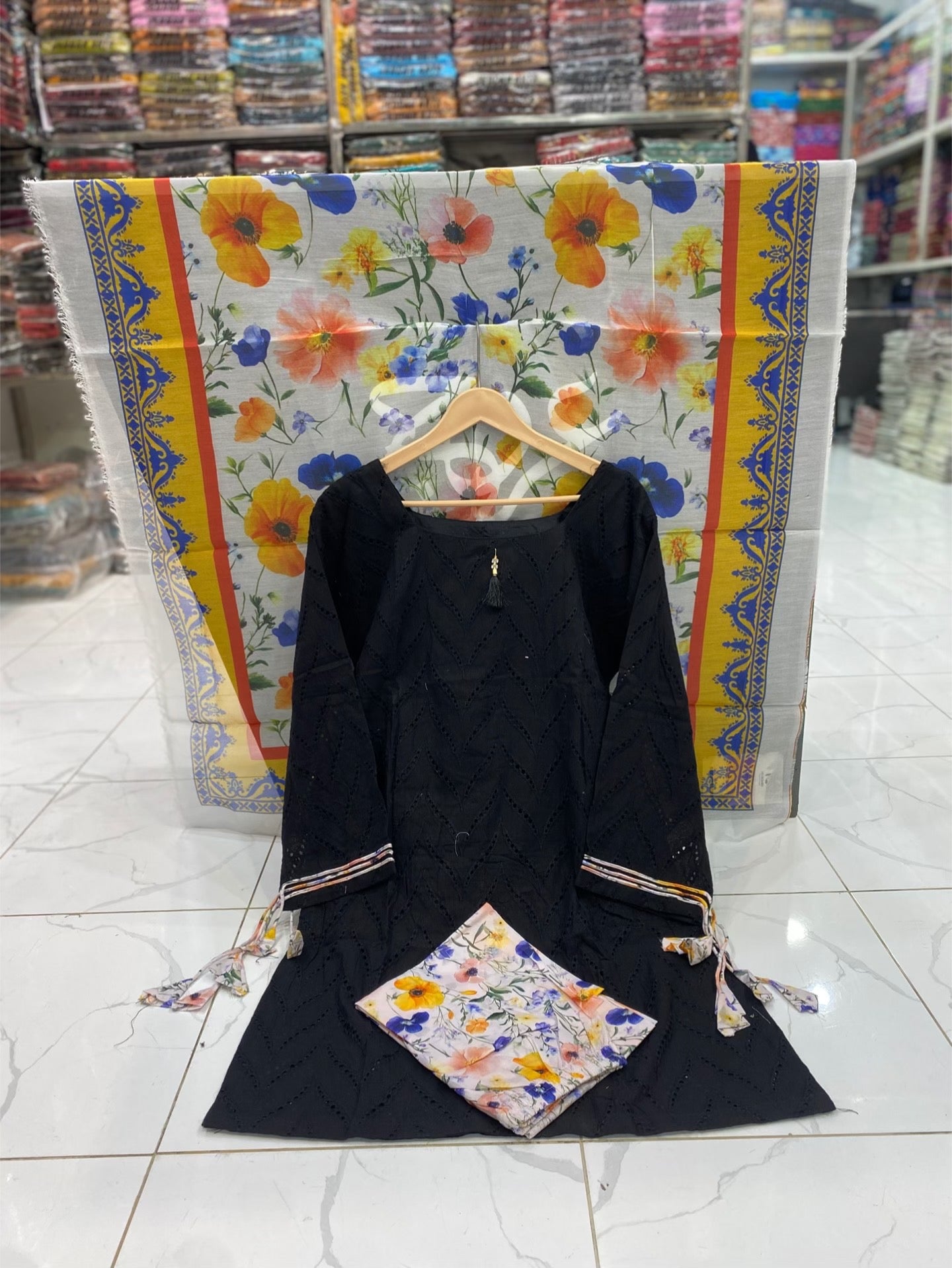 U-711 Pure Lawn Full Shirt Chikan Kari Boring Work With Printed Trouser