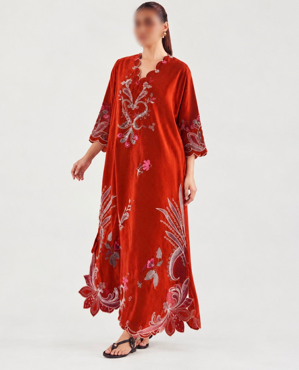 U-763 Floral Embroidered 3pc Winter Cotton stuff Long Dress with Scalloped Neckline & Daman