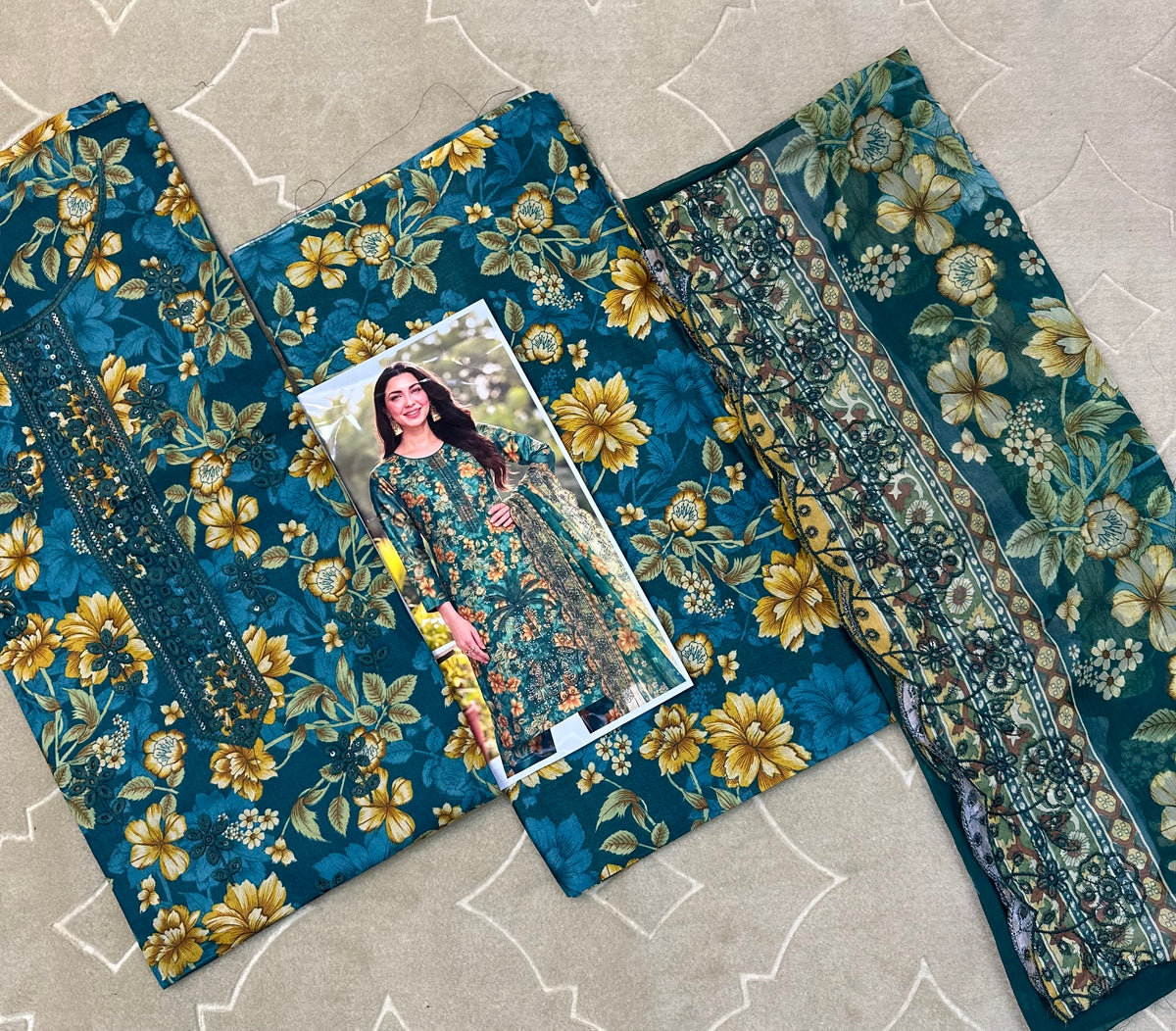Unstitched Emborided Bin Saeed Cotton with Chiffon Cutwork Dupatta
