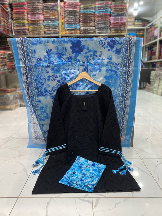 U-711 Pure Lawn Full Shirt Chikan Kari Boring Work With Printed Trouser