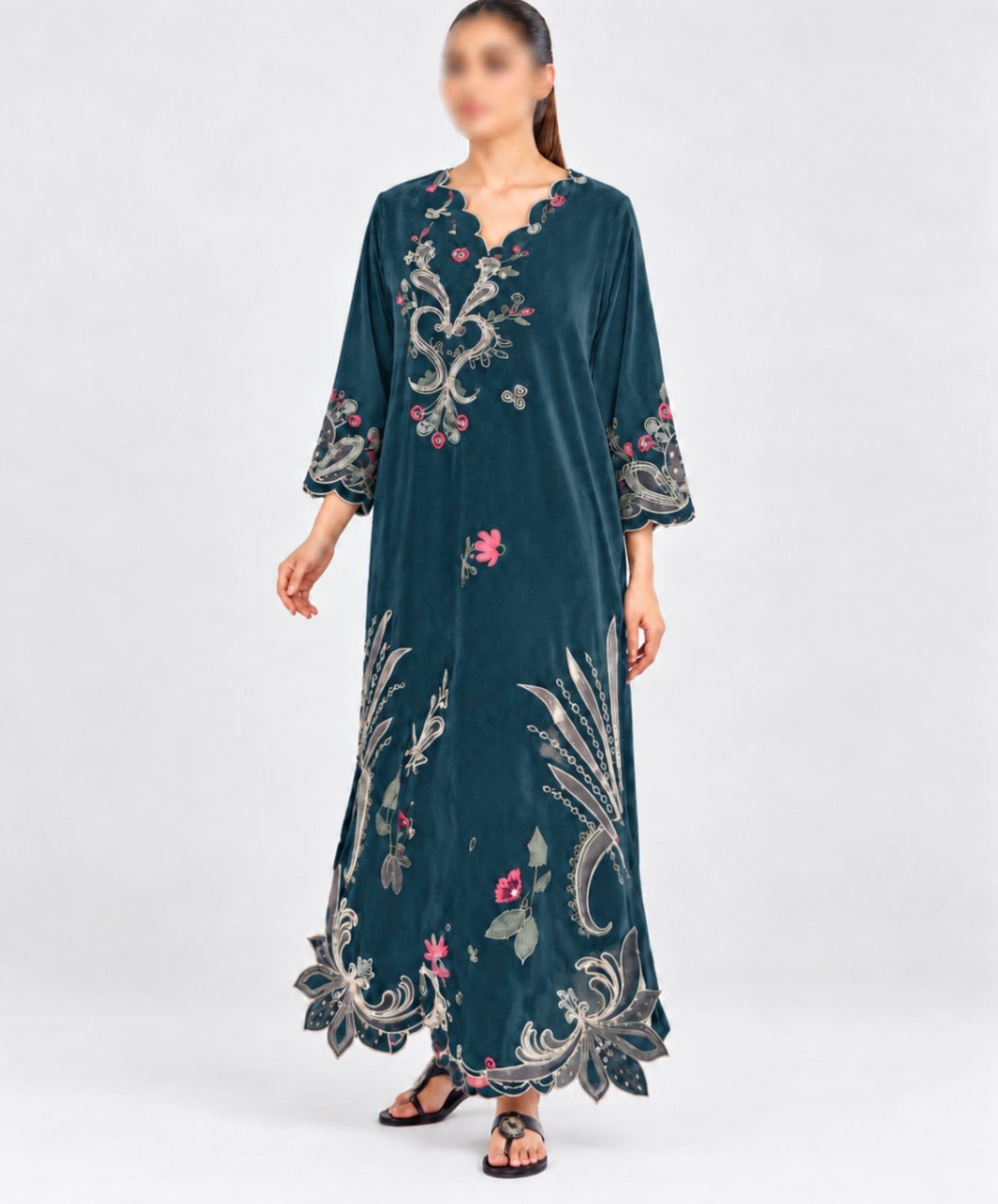U-763 Floral Embroidered 3pc Winter Cotton stuff Long Dress with Scalloped Neckline & Daman