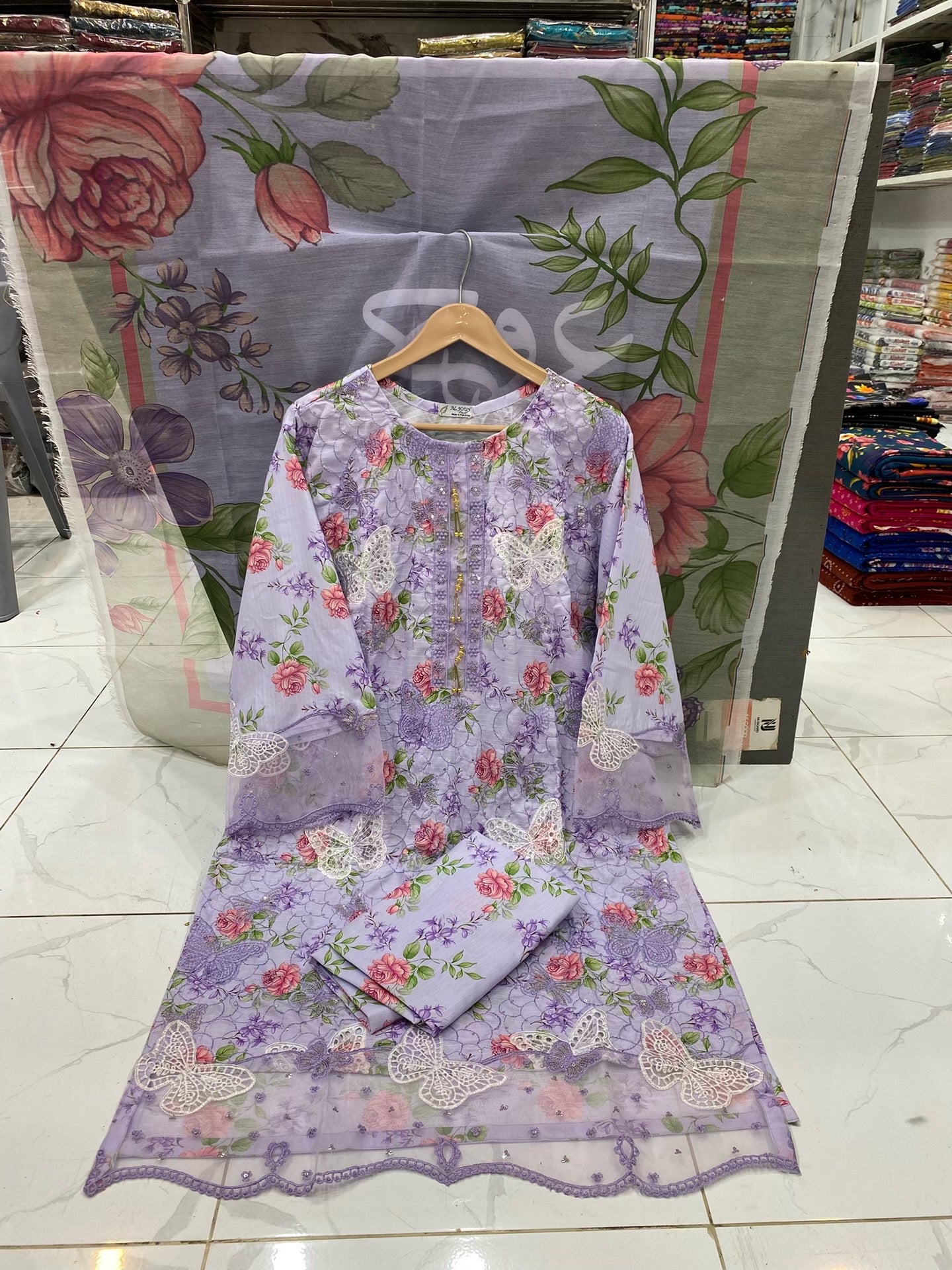 U-705 Butterfly 3 Piece Full Shirt Chikan Kari Boring Work