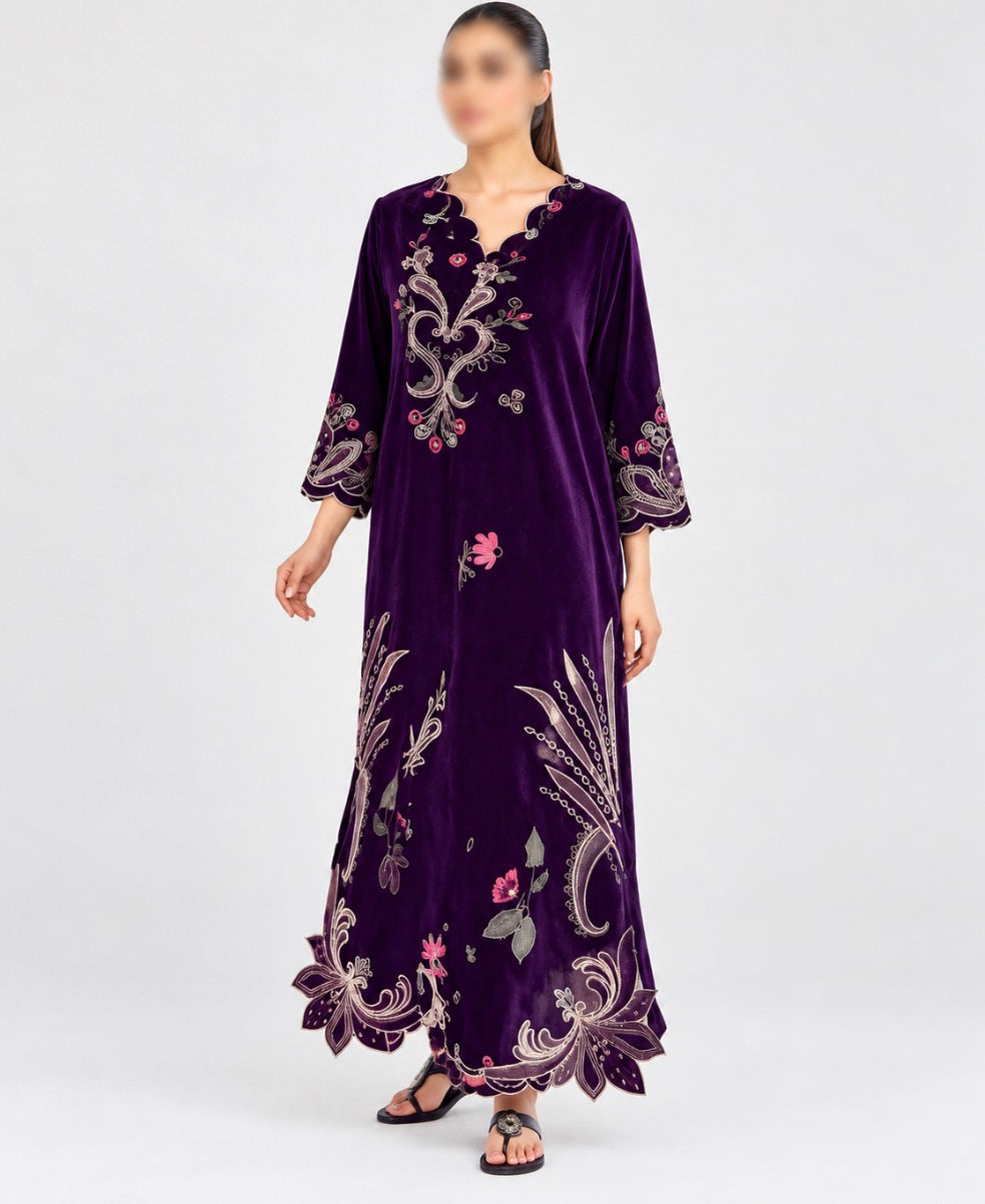 U-763 Floral Embroidered 3pc Winter Cotton stuff Long Dress with Scalloped Neckline & Daman