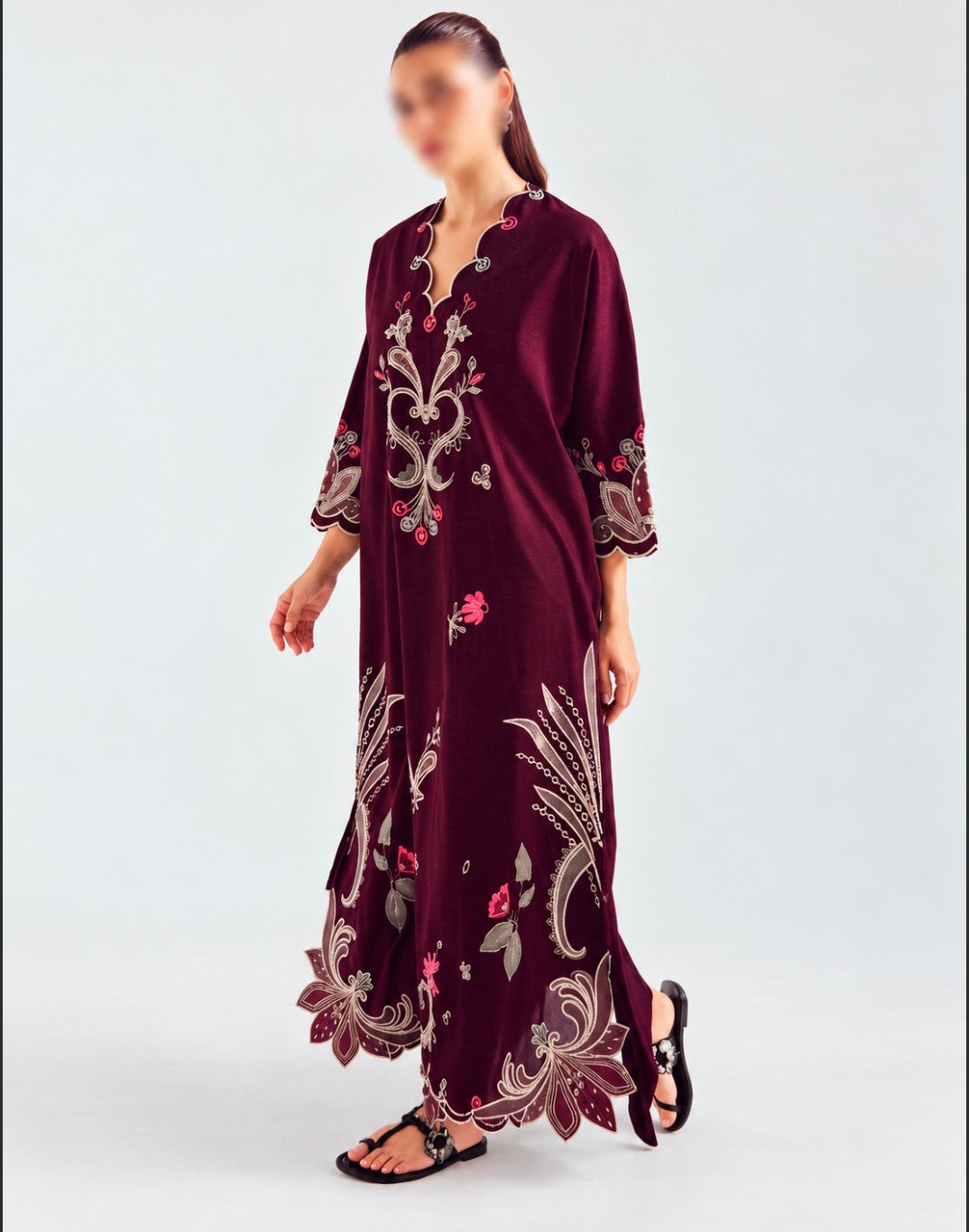 U-763 Floral Embroidered 3pc Winter Cotton stuff Long Dress with Scalloped Neckline & Daman