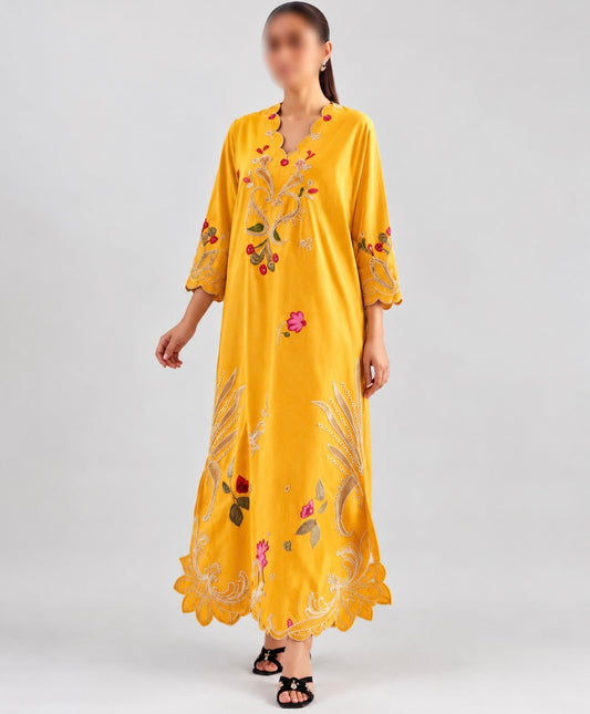 U-763 Floral Embroidered 3pc Winter Cotton stuff Long Dress with Scalloped Neckline & Daman