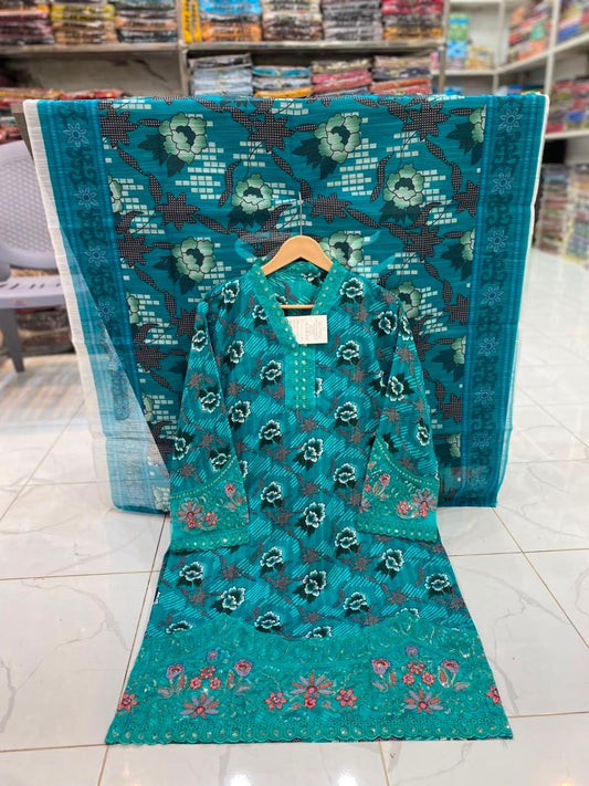 U-704 Cotton 3 Piece Printed Dresses With Patches Work