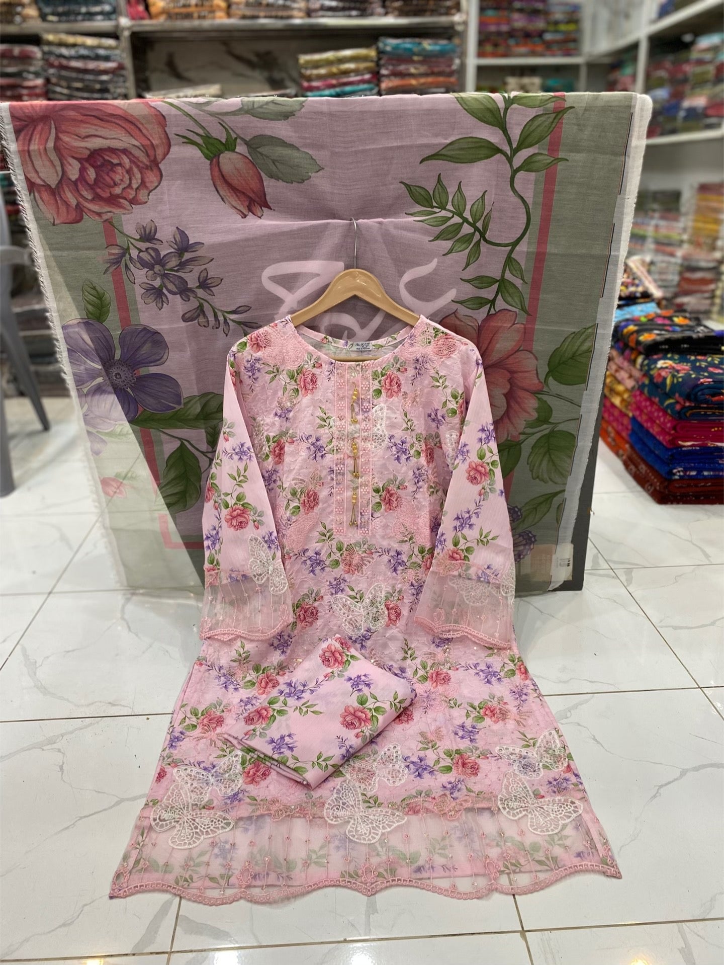 U-705 Butterfly 3 Piece Full Shirt Chikan Kari Boring Work