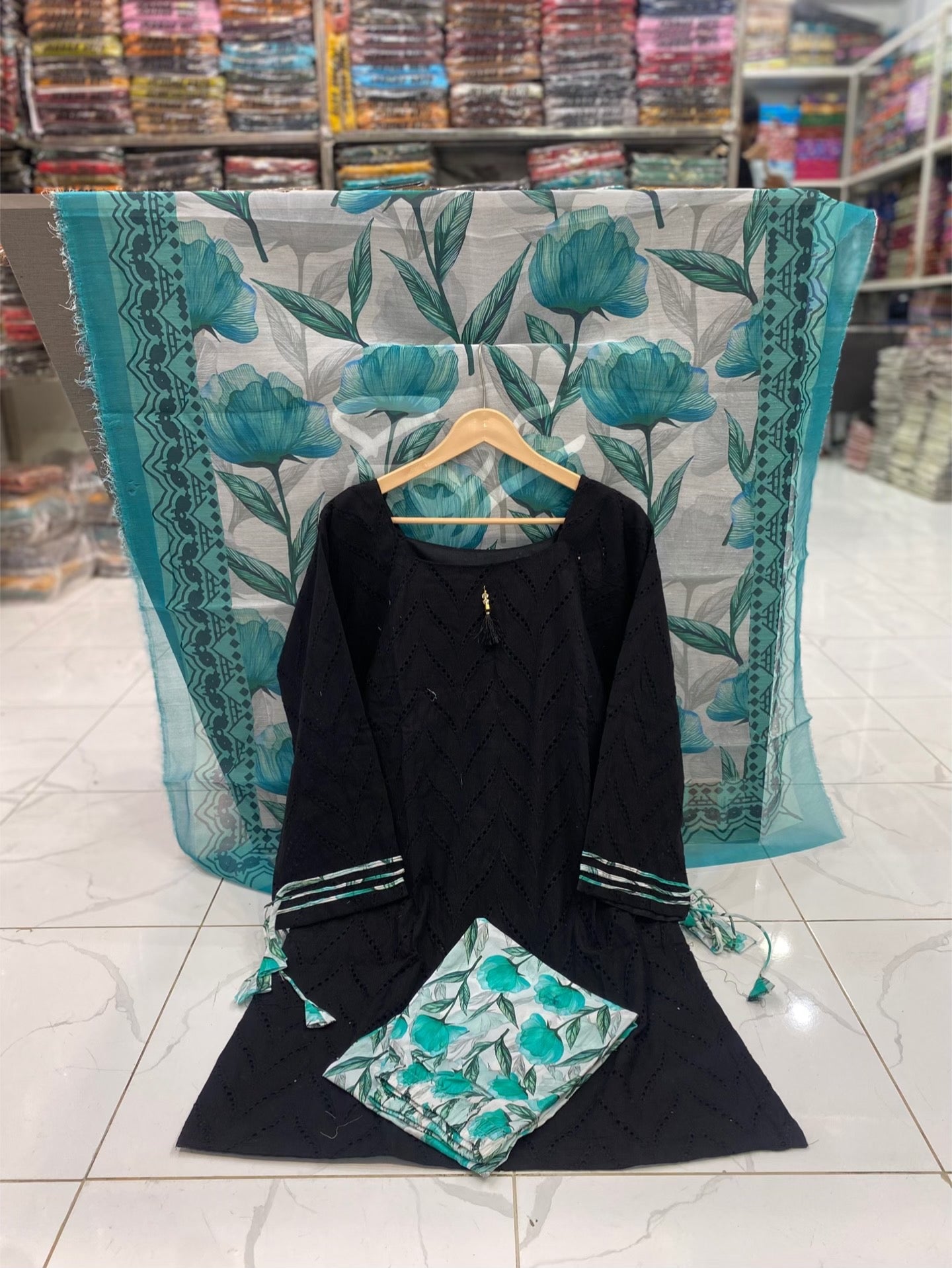 U-711 Pure Lawn Full Shirt Chikan Kari Boring Work With Printed Trouser