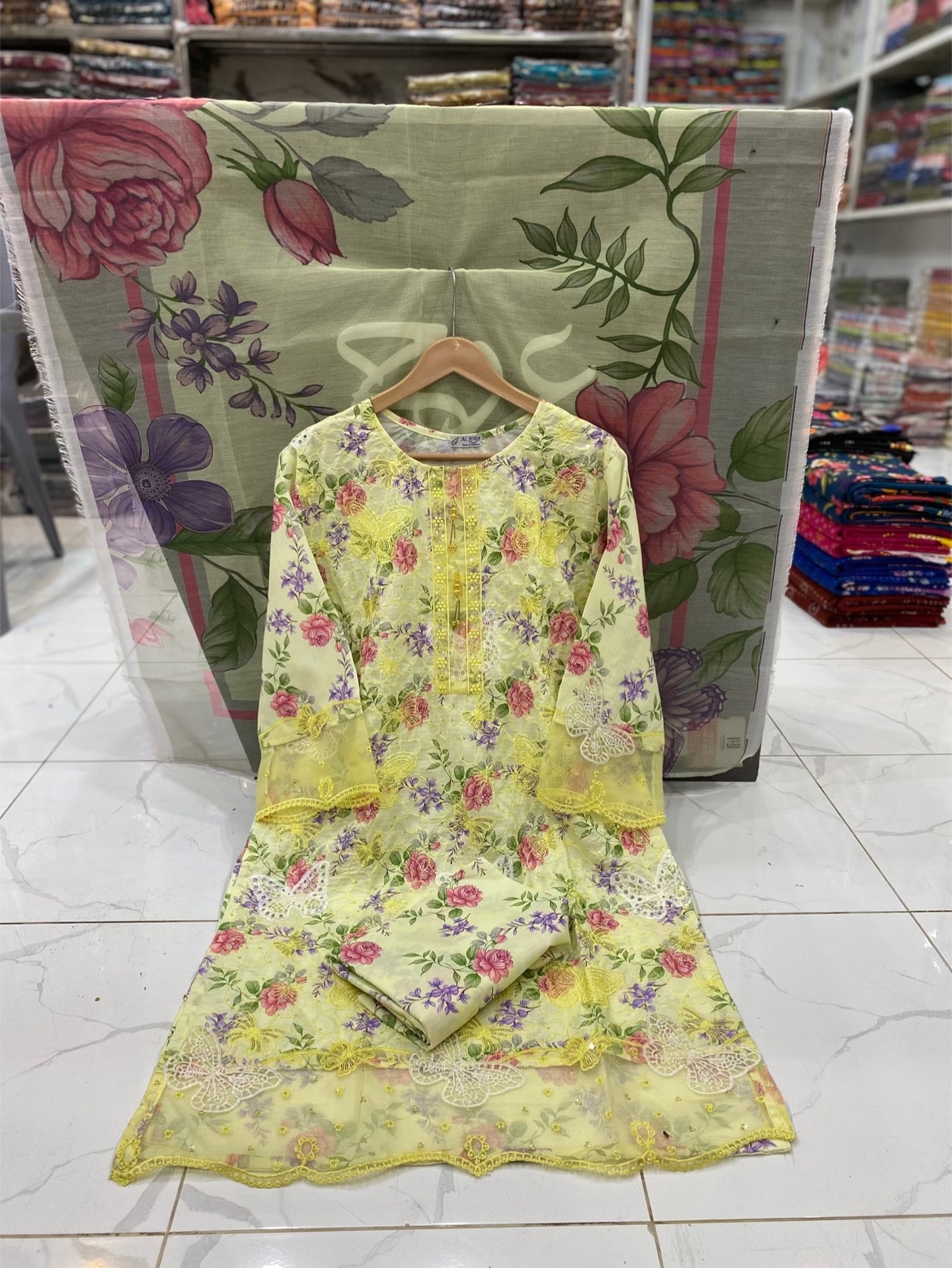 U-705 Butterfly 3 Piece Full Shirt Chikan Kari Boring Work
