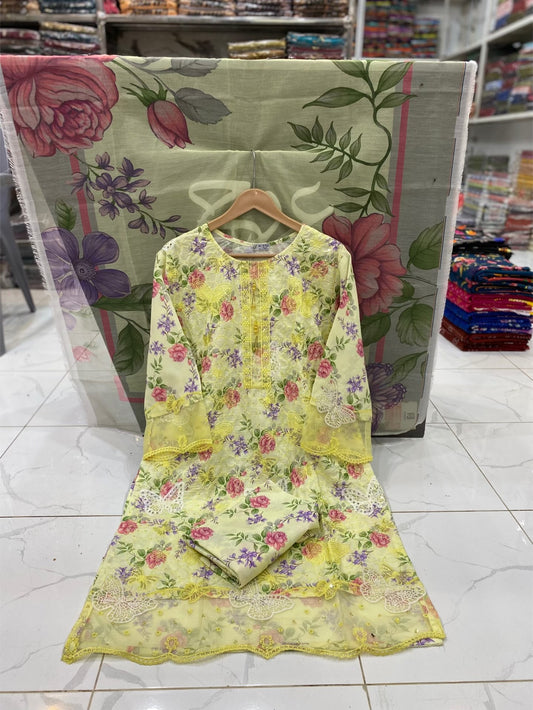 U-705 Butterfly 3 Piece Full Shirt Chikan Kari Boring Work