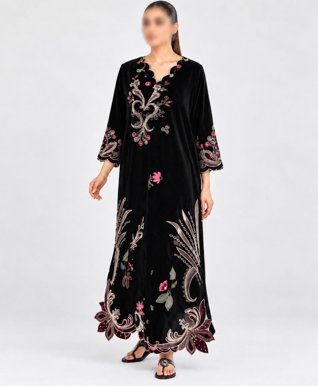 U-763 Floral Embroidered 3pc Winter Cotton stuff Long Dress with Scalloped Neckline & Daman