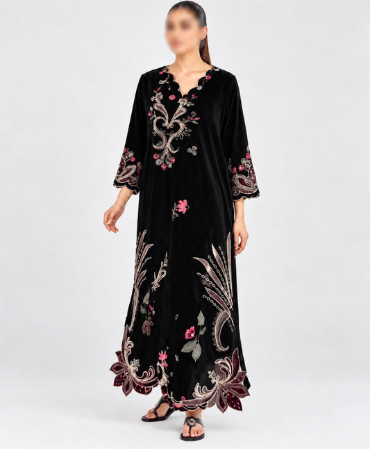 U-763 Floral Embroidered 3pc Winter Cotton stuff Long Dress with Scalloped Neckline & Daman