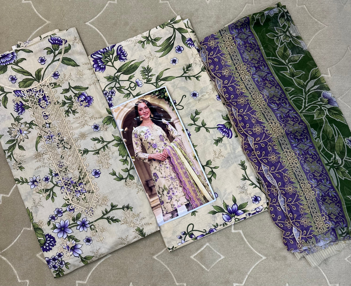 Unstitched Emborided Bin Saeed Cotton with Chiffon Cutwork Dupatta