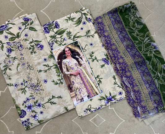 Unstitched Emborided Bin Saeed Cotton with Chiffon Cutwork Dupatta