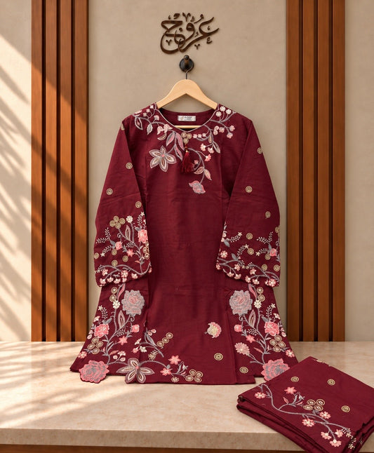 U-759 Pure Cotton Cross Stitched 2 Pc Suit for Women – Floral Embroidered Kurta & Trouser