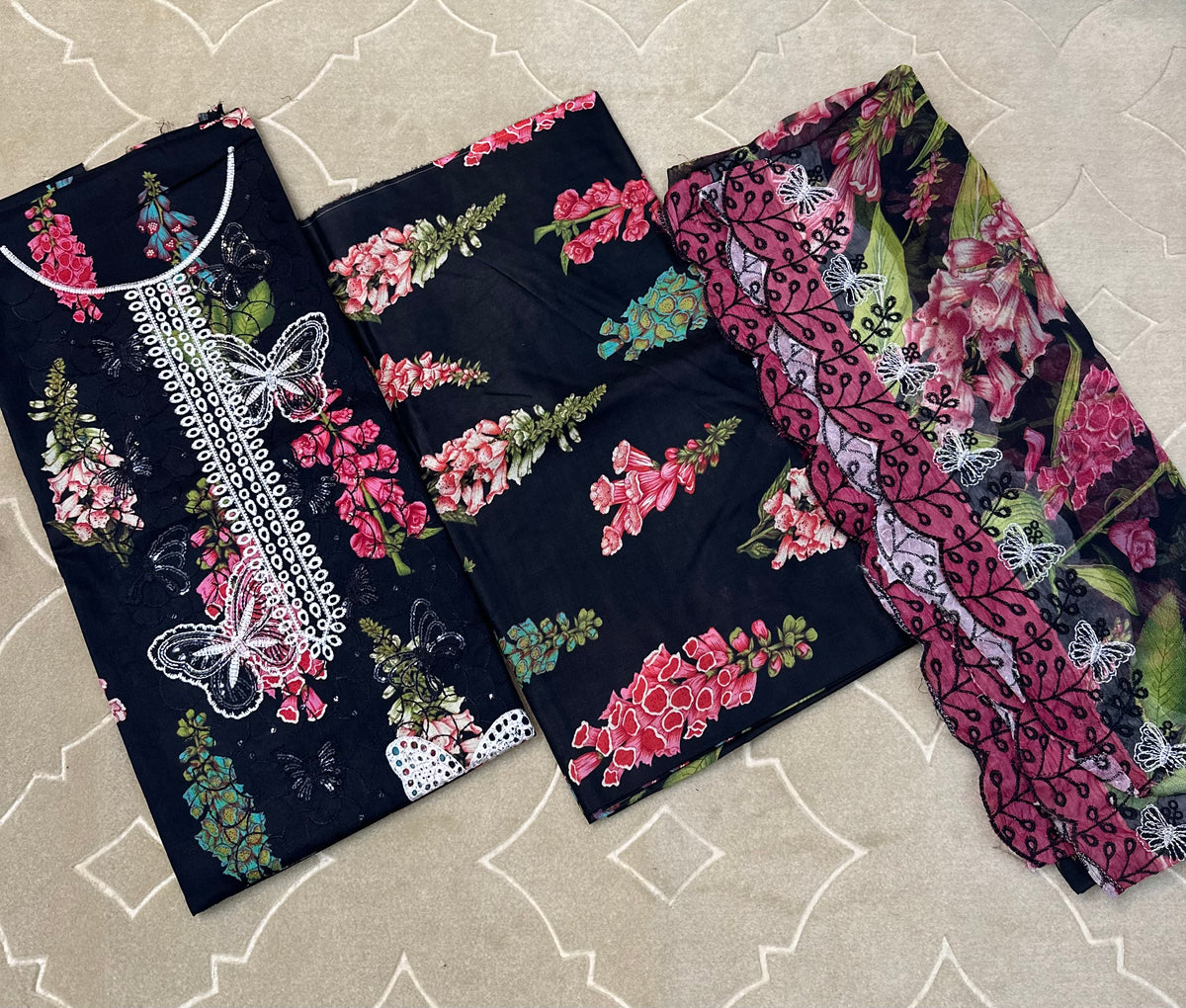 Unstitched Emborided Bin Saeed Cotton with Chiffon Cutwork Dupatta
