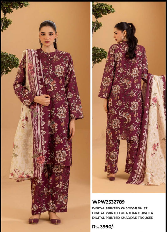 Zellbury Maroon Floral 3-Piece Ready-to-Wear Khaddar Suit