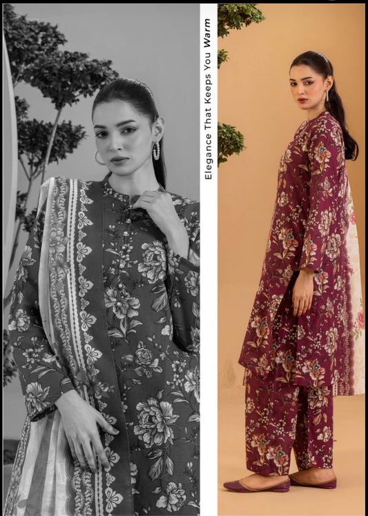 Zellbury Maroon Floral 3-Piece Ready-to-Wear Khaddar Suit