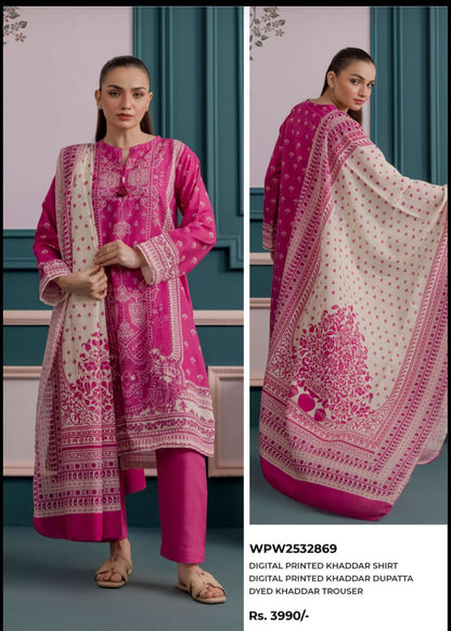 Fuchsia Pink 3-Piece Printed Khaddar Suit