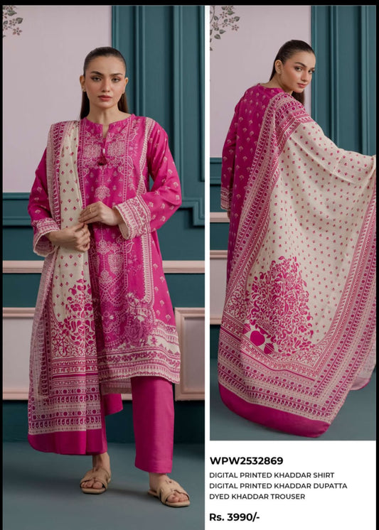 Fuchsia Pink 3-Piece Printed Khaddar Suit