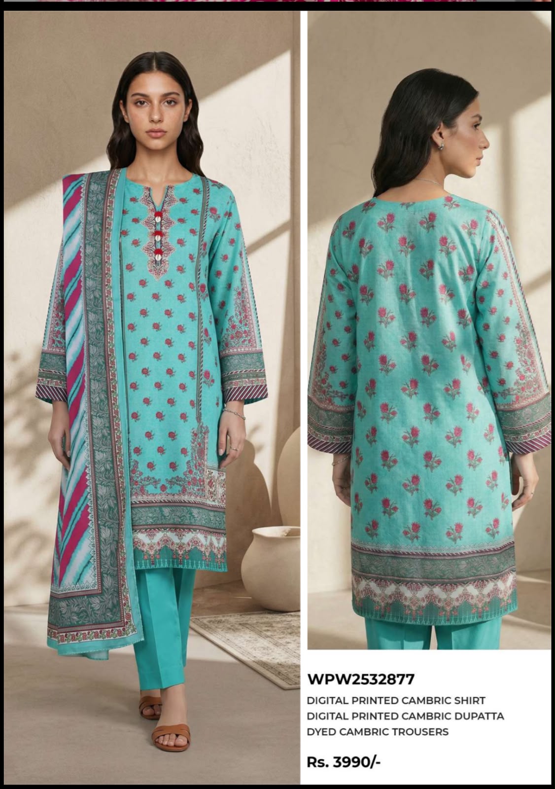 Aqua Blue 3-Piece Printed Cambric Suit