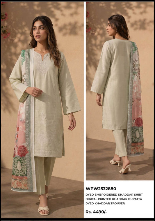 Zellbury Light Beige Embroidered 3-Piece Khaddar Suit