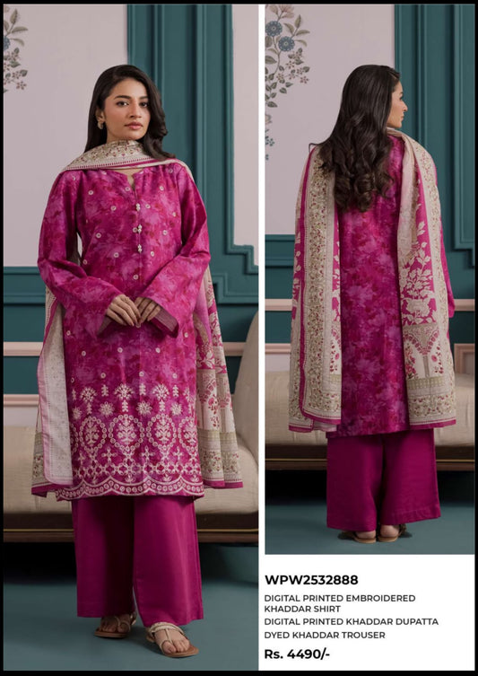 Magenta Pink 3-Piece Embroidered Khaddar Suit