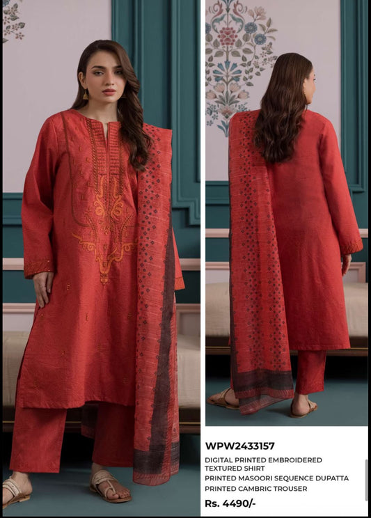 Rust Orange 3-Piece Embroidered Textured Suit